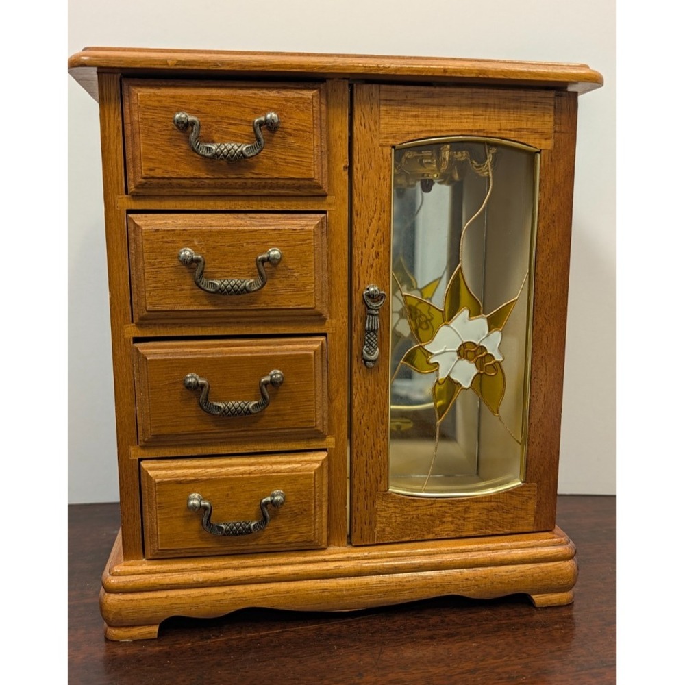 Vintage Wooden Jewelry Box Armoire 4 Drawers Glass Door Floral Mirror Carousel